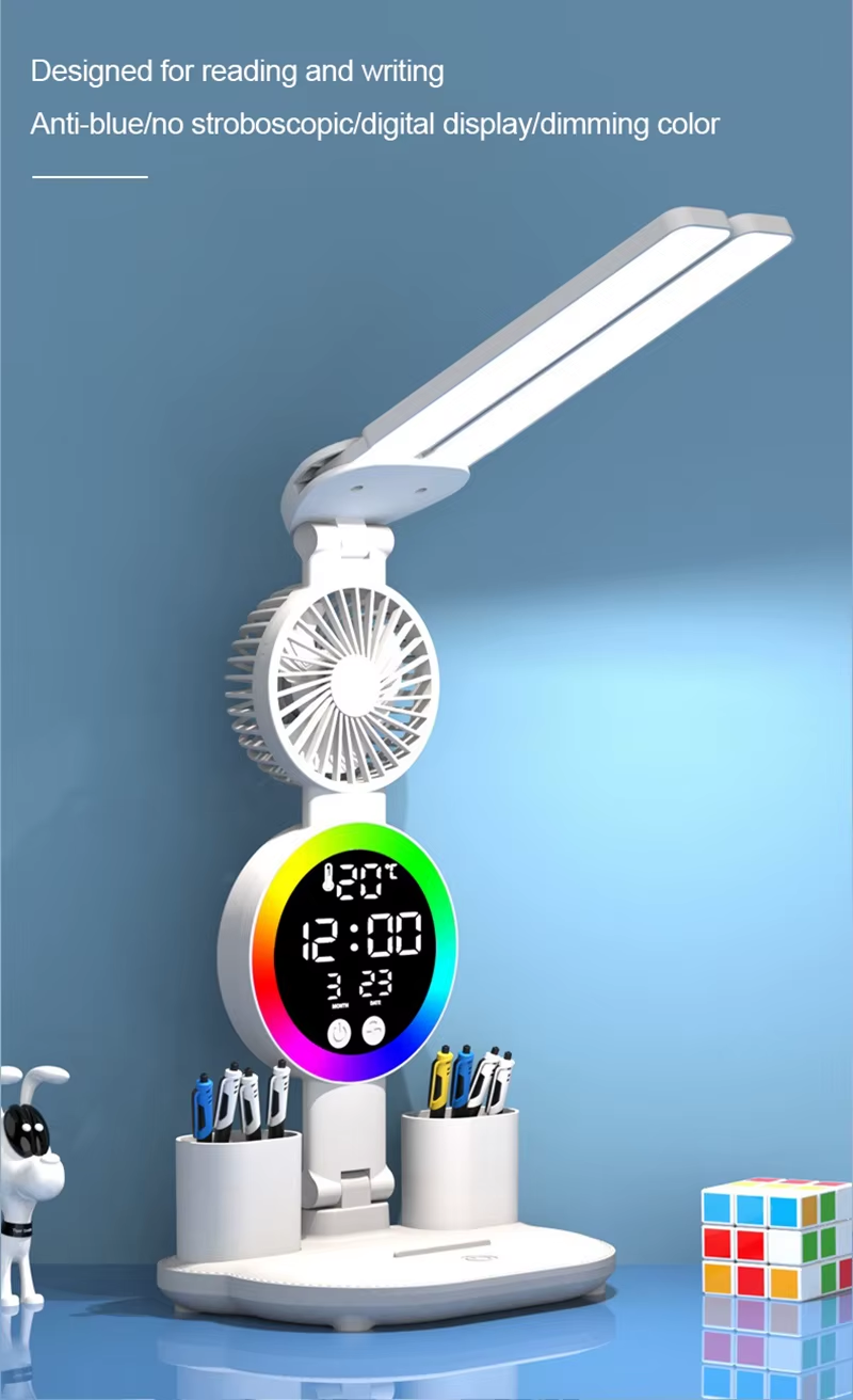Rechargeable Led Table Lamp for Study Desk Lamp Reading Light Led Night Light with Fan Led Clock Dispaly Reading Desk Light