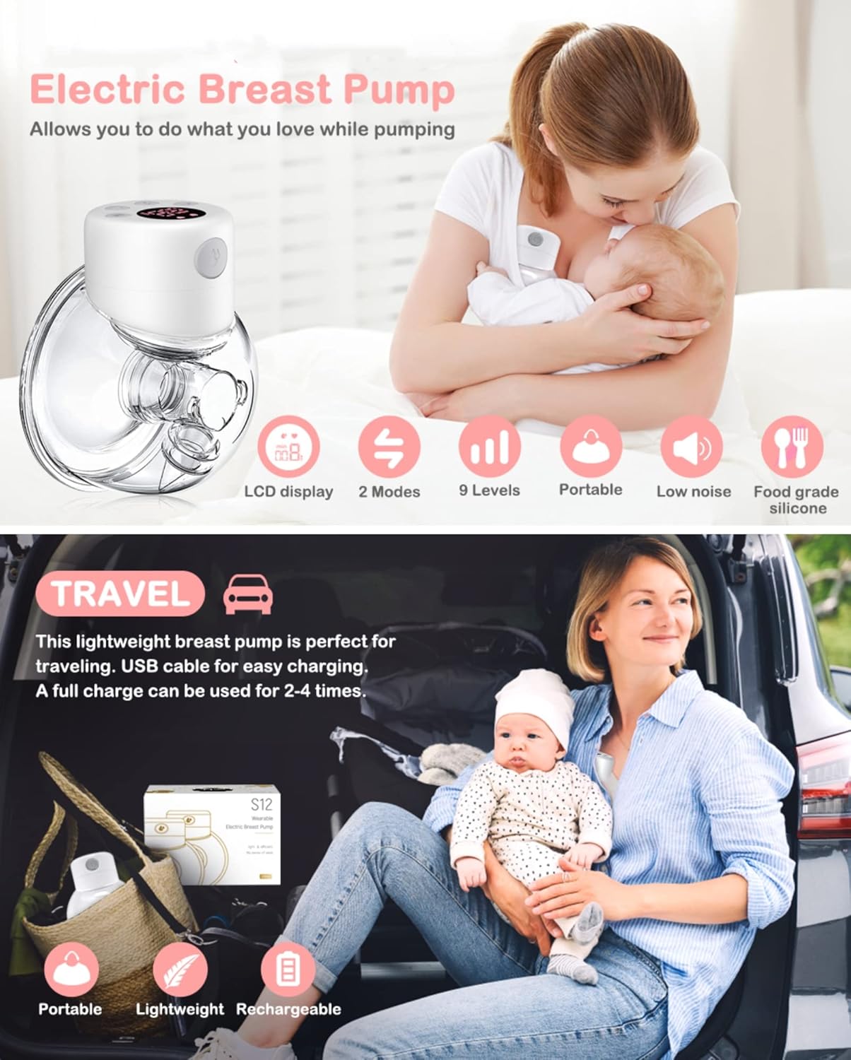 McAdo Electric Breast Pumps, S12 Double / Single,Hands-free Poratable Mom Milk Puller Pump, Slient Breastfeeding Pump for Baby