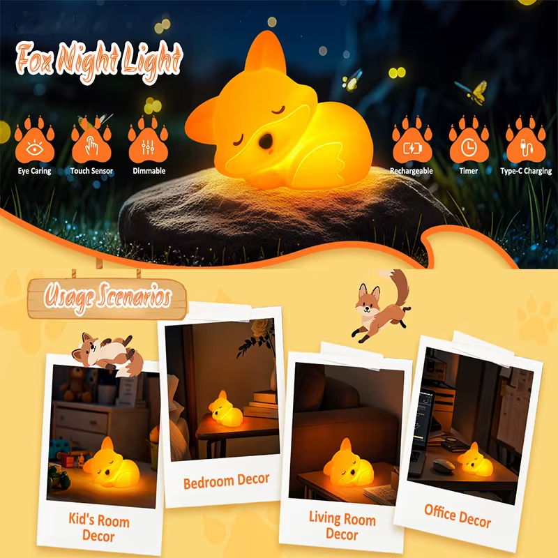 Fox Night Light, Squishy Silicone Lamp Novelty Gifts, Rechargeable Dimmable Timer Bedside Touch Nightlight for Breastfeeding