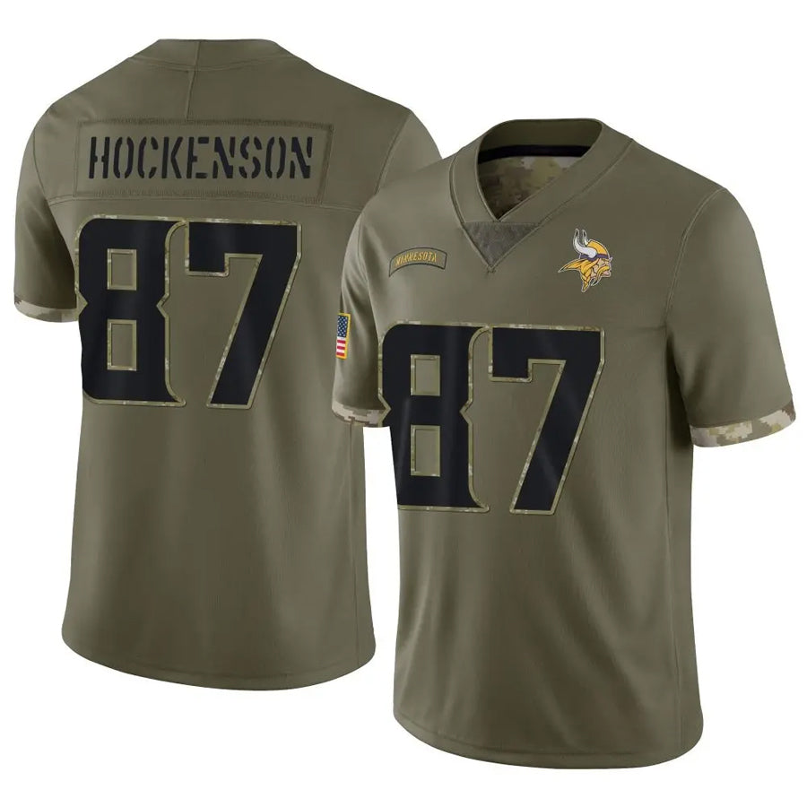 McAdo MN.Vikings #87 T.J. Hockenson Player Salute To Service Limited Olive Stitched Jerseys